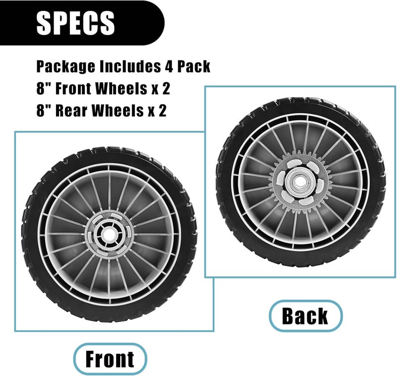 Sutmorly 4 Pack HRR216 8" Lawn Mower Drive Wheels 2 Rear Wheels 42710-VE2-M02ZE and 2 Front Wheels 44710-VL0-L02ZB Replace for Honda HRR216 HRS216 Walk Behind HRT216 Lawn Mower - Image 4